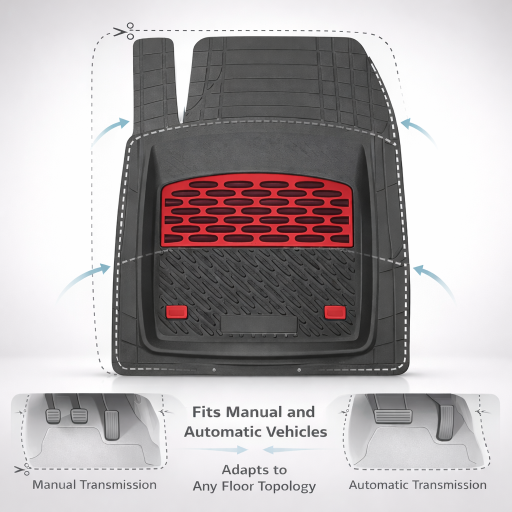Covoraș auto cu accente roșii și text care indică compatibilitatea cu diverse tipuri de vehicule