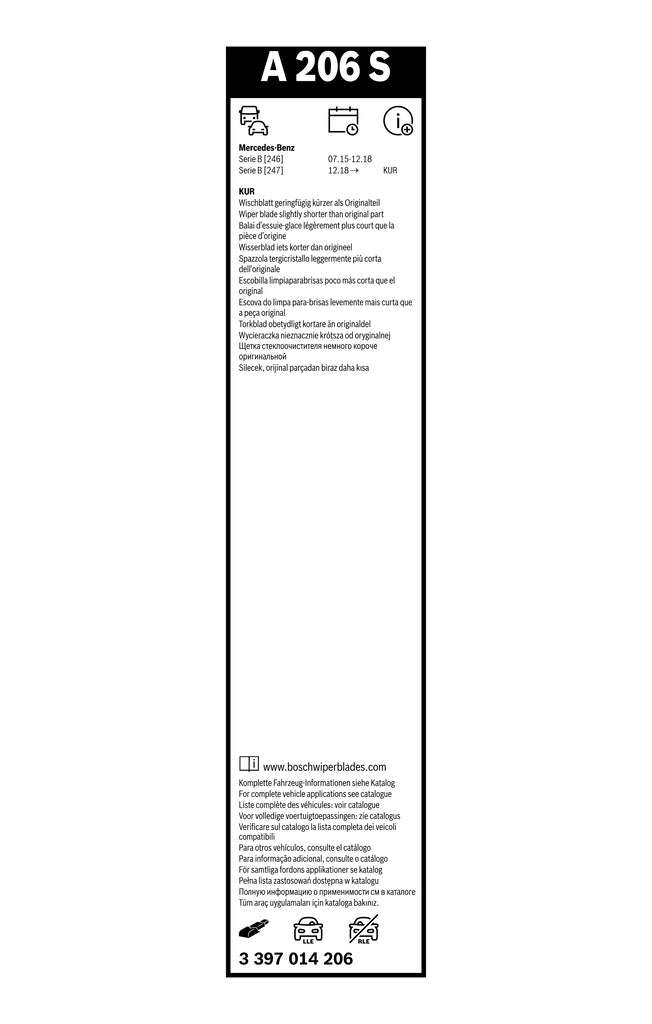 Eticheta Bosch A206S cu MPN 3 397 014 206, aplicatii B-Class si nota KUR pentru seria 247