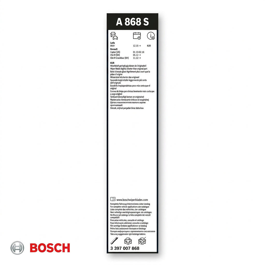 Spatele ambalajului Bosch A868S, cu aplicații și codul 3 397 007 868